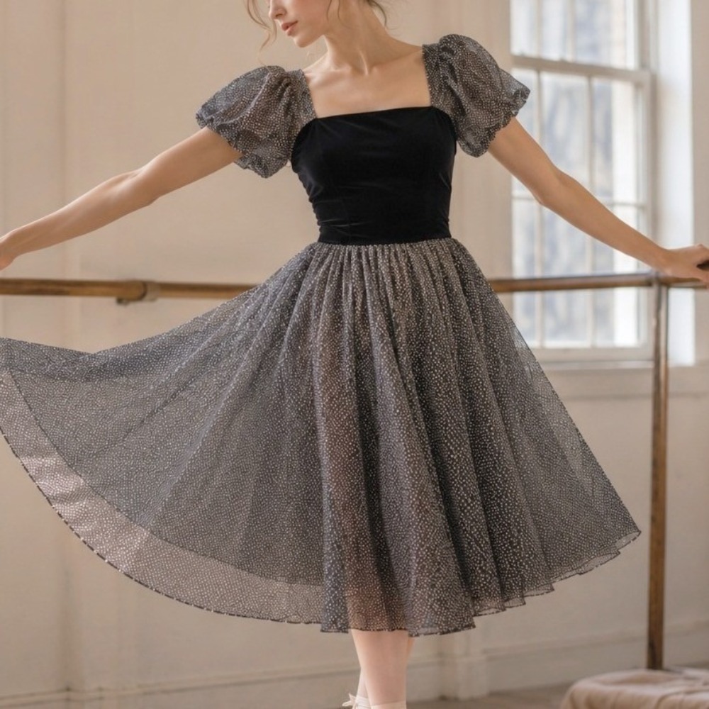 Vintage Velvet Polka Dot Organza Puff Sleeve A Line Black Midi‎ Dress 12 Femme